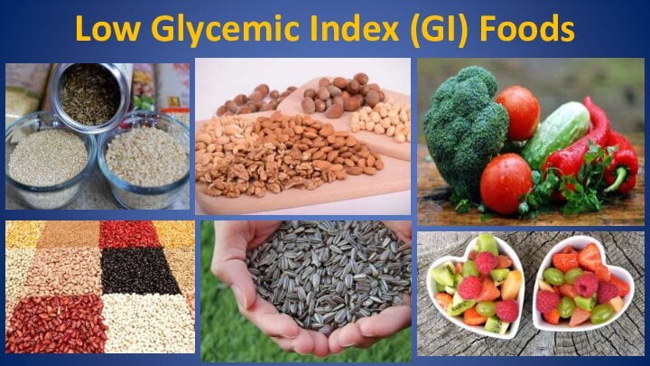 Low glycemic Index foods include whole grains, legumes (like beans, lentils and peas), nuts, seeds, and fiber rich vegetables and fruits.