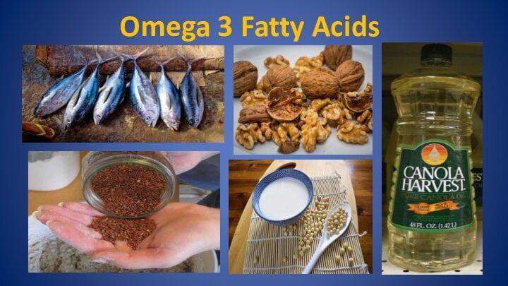 Omega 3 fatty acids are found in fish and other seafoods, flaxseed (and flaxseed oil), walnuts, canola oil, and soybean (and soybean oil).