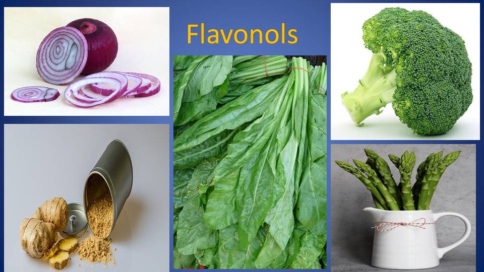 Food sources of flavonols include onions, ginger, leafy greens, broccoli, and asparagus.