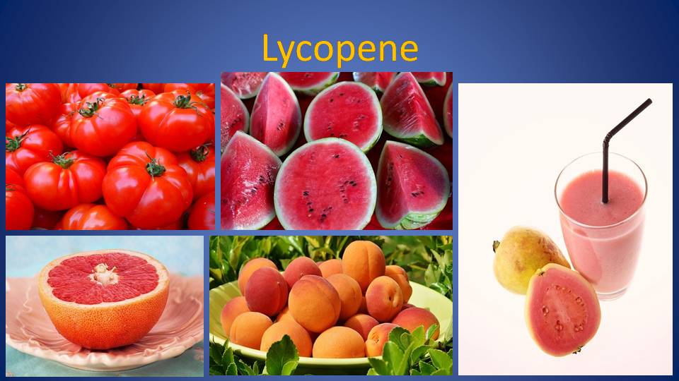 Food sources of lycopene include tomatoes, watermelons, pink grapefruits, pink apricots, and pink guavas